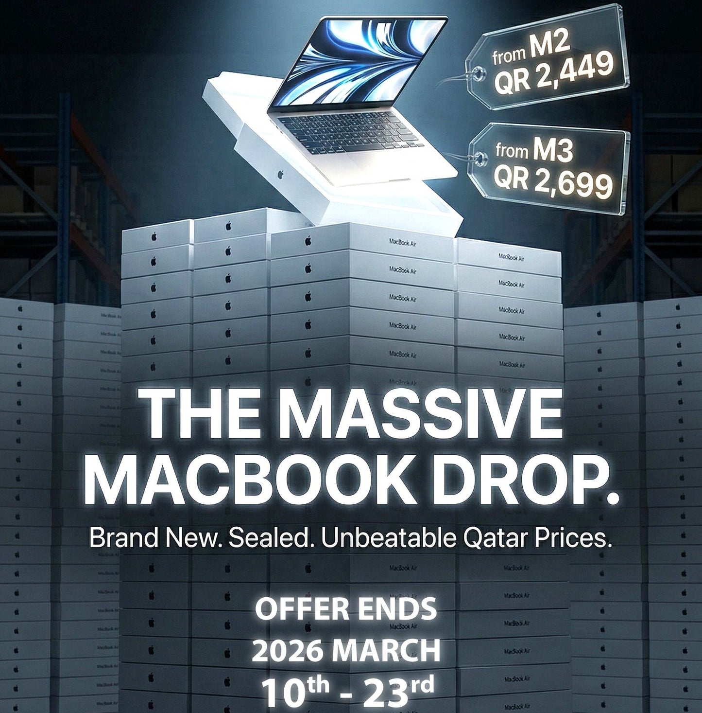 Promotional poster for MacBook deals with stacks of boxes and a spotlight effect.